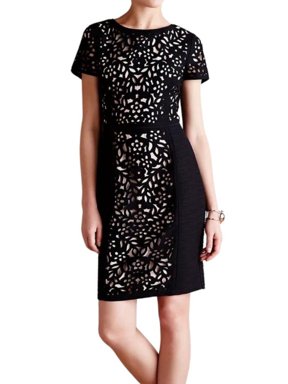 Maeve Anthropologie Black Laser Cutout Floral Sheath Dress Nude Lining LBD 8